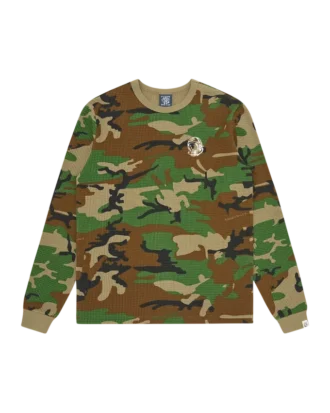 Camiseta de manga larga de tejido waffle con estampado de camuflaje