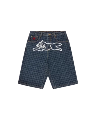 Pantalones cortos vaqueros de mujer con estampado de pata de gallo y Running Dog corriendo